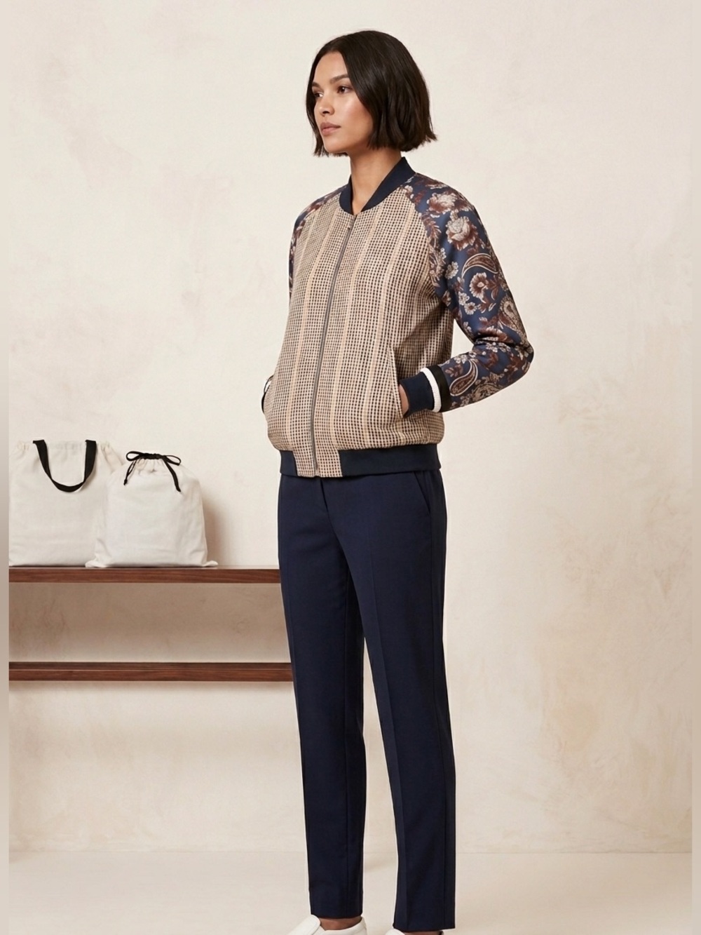 3.1 Phillip Lim Neutral Checked Bomber Jacket with Navy Paisley Sleeves